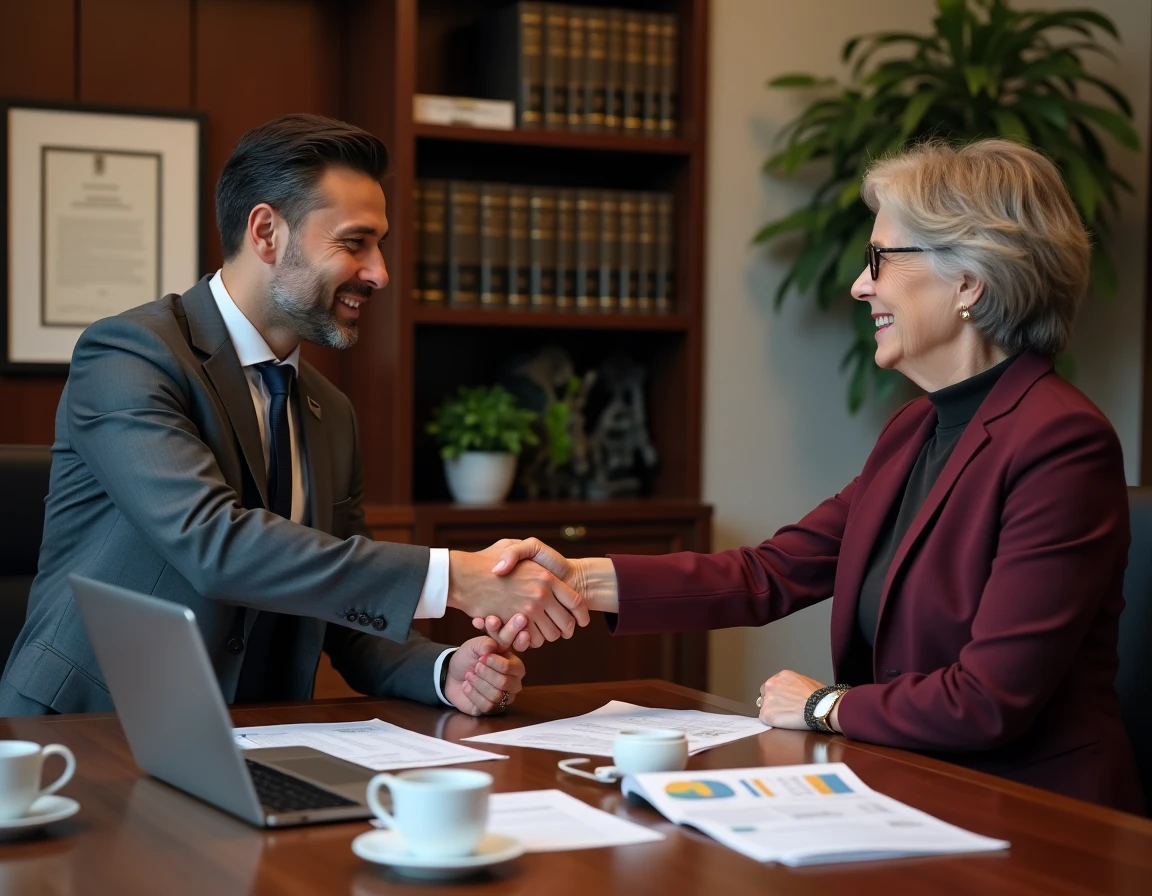 Deux professionnels en train de conclure un accord commercial dans un cabinet juridique avec documents contractuels sur le bureau