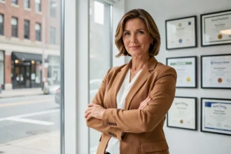 Acheteuse de l'émission Affaire conclue avec un style professionnel et décontracté dans une agence immobilière moderne