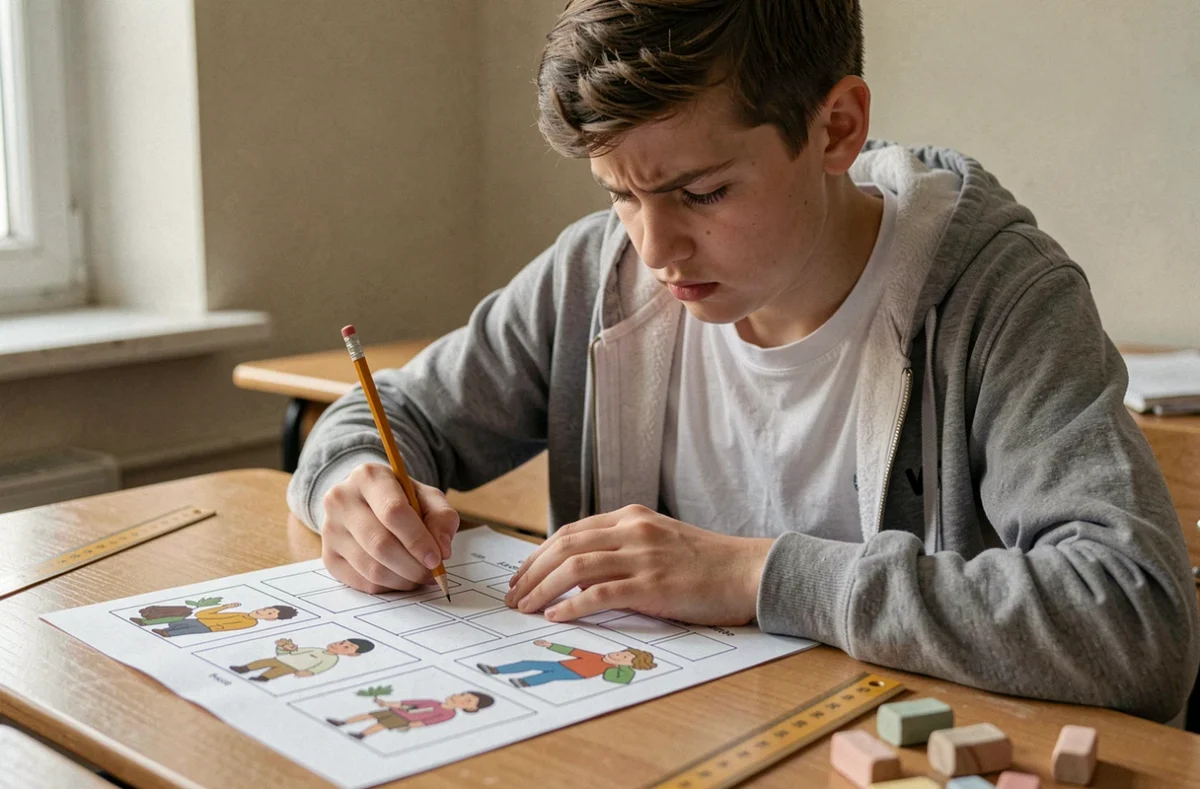 Adolescent résolvant un puzzle 4 images 1 mot de 9 lettres sur papier à l'école