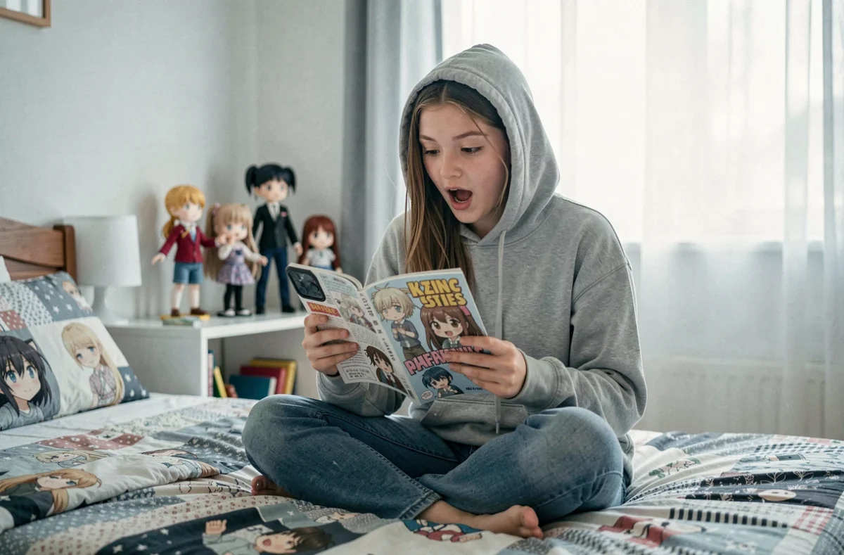Adolescente découvrant le chapitre 1151 de One Piece en VF sur son smartphone dans sa chambre