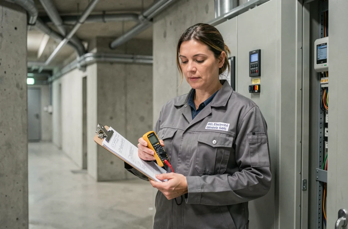 Électricienne d'AEL Electricité Générale SARL inspectant un panneau industriel dans un bâtiment commercial