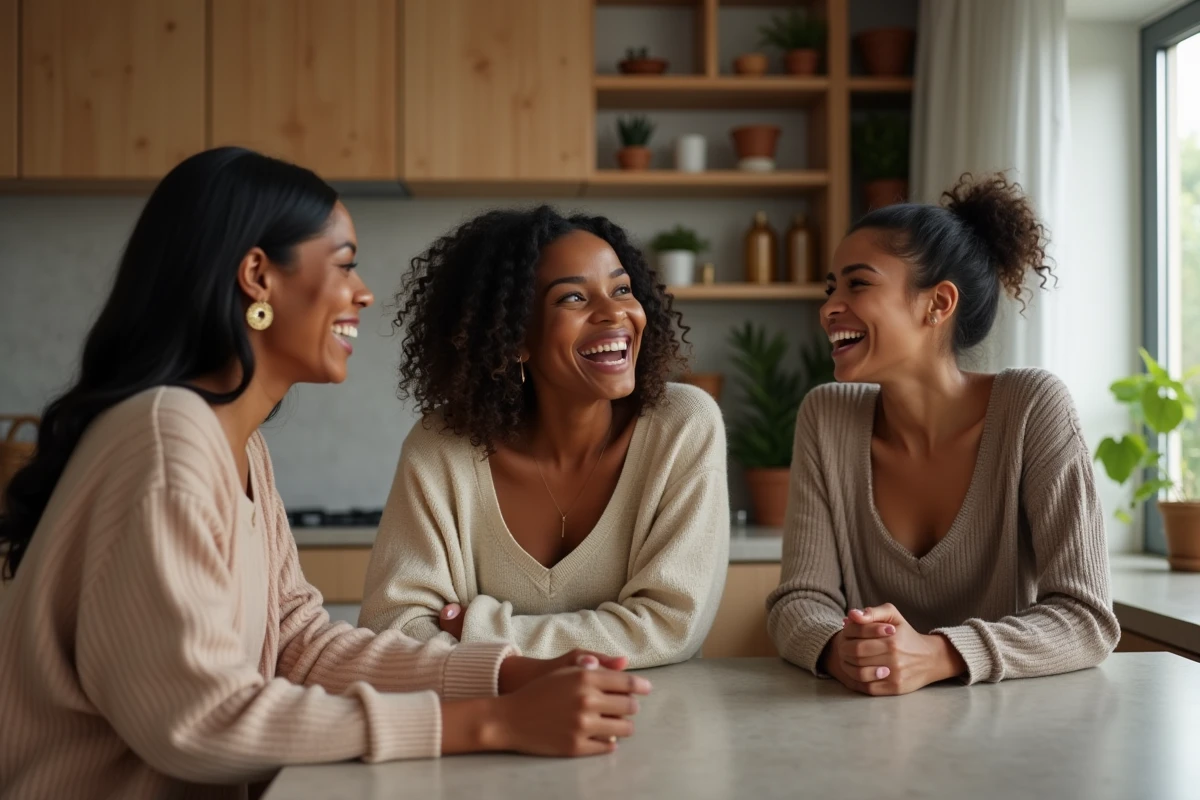 Groupe de trois amies de différentes origines riant ensemble dans une cuisine moderne lors d'une réunion informelle, illustrant la complicité et l'humour entre amies