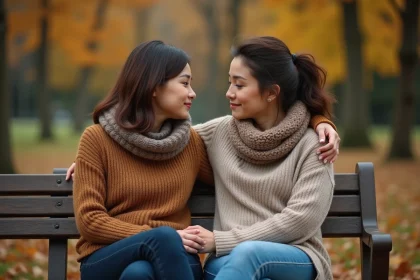 Deux amies assises sur un banc en automne, l'une réconfortant l'autre d'une main sur l'épaule dans un moment de soutien silencieux
