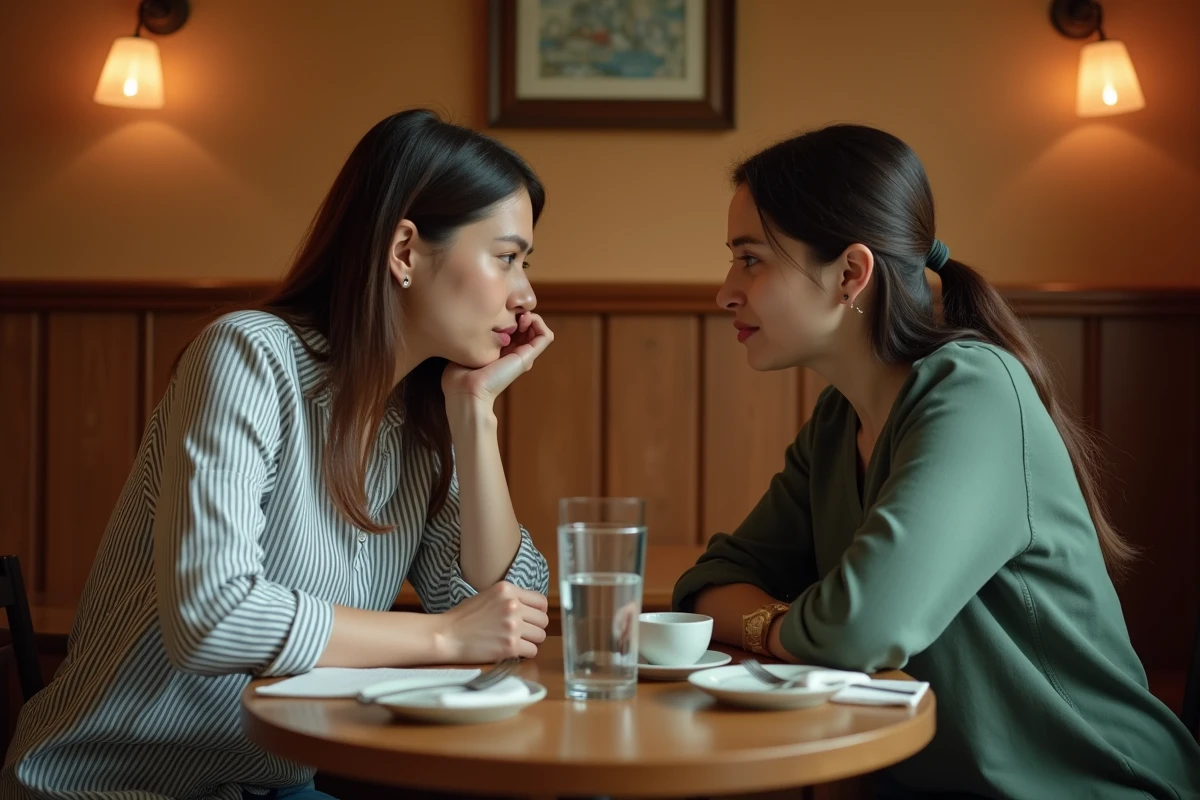 Deux amis en conversation profonde dans un restaurant, illustrant les signes d'une attention sincère entre personnes