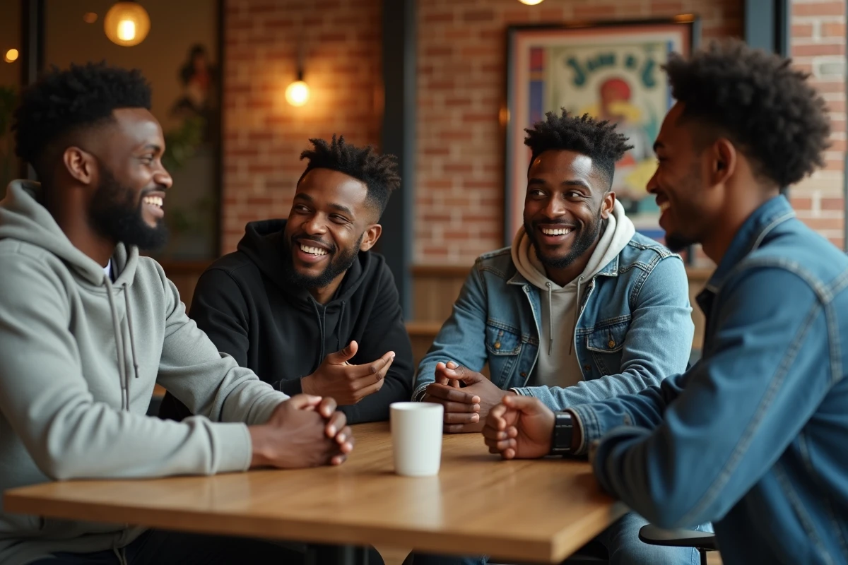 Groupe d'amis de différentes origines ethniques riant ensemble autour d'une table de café, illustrant une amitié multiculturelle sincère et détendue