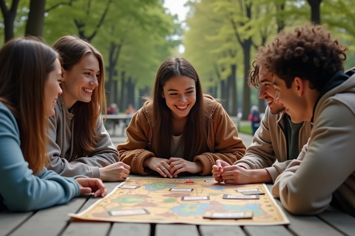 Groupe d amis jouant &agrave; un jeu de plateau fantasy en ext&eacute;rieur