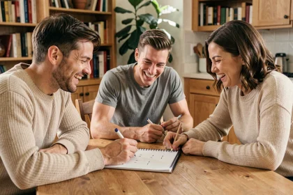 Groupe d'amis jouant au jeu du pendu autour d'une table en bois avec papier et crayon