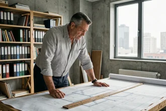 Architecte étudiant des plans techniques d'inclinaison de toit sur une table à dessin en studio