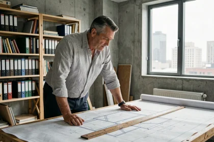 Architecte étudiant des plans techniques d'inclinaison de toit sur une table à dessin en studio
