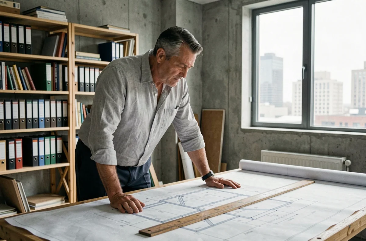 Architecte étudiant des plans techniques d'inclinaison de toit sur une table à dessin en studio