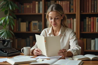 Auteure révisant la maquette de couverture de son livre à son bureau d'écriture entouré de notes et de livres de référence