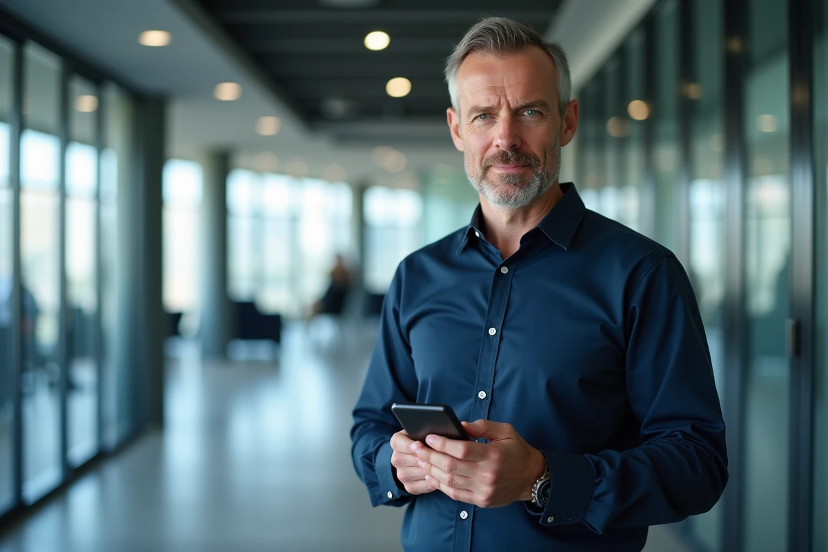 Homme vérifiant l'authentification sécurisée sur smartphone dans un bureau professionnel moderne