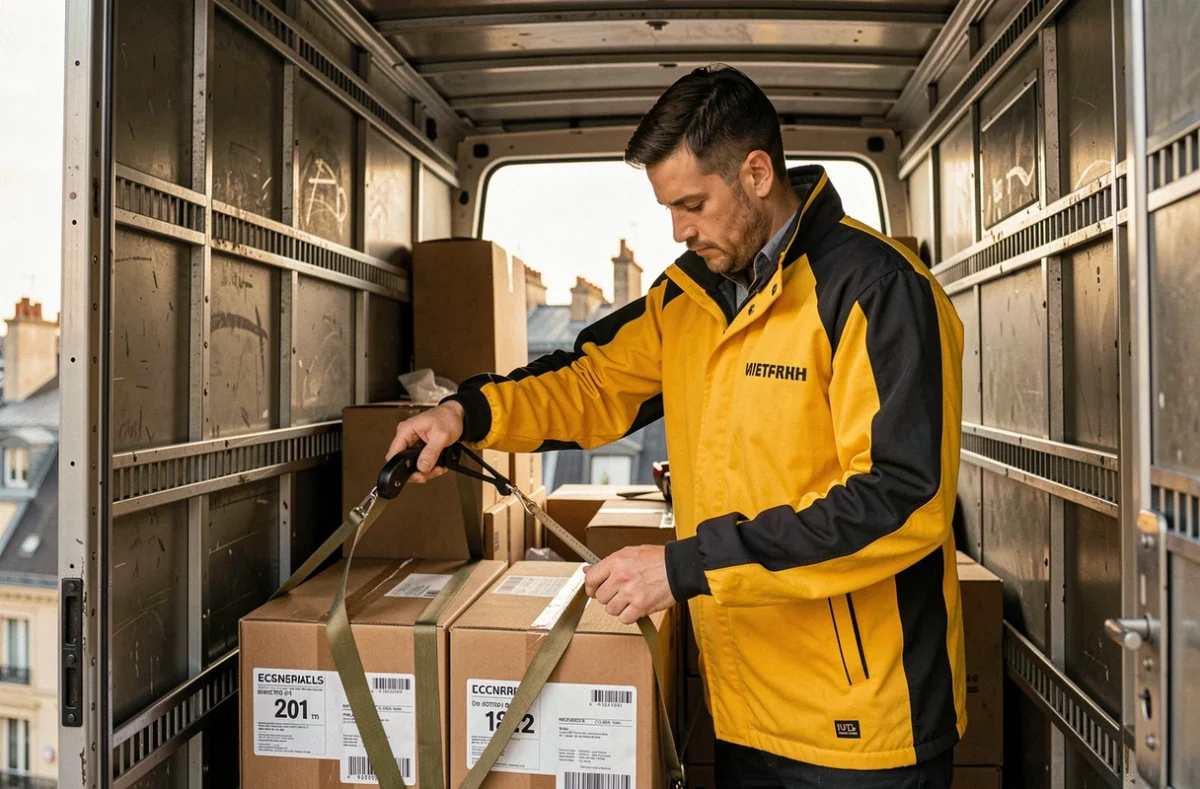 Déménageur des Déménageurs Parisiens fixant des cartons avec des sangles dans la remorque d'un camion de déménagement