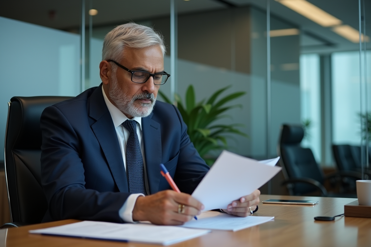 Banquier indien en costume navy dans un bureau moderne