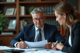 Banquier en costume bleu examine des documents financiers