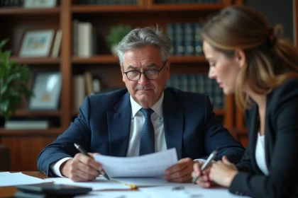 Banquier en costume bleu examine des documents financiers