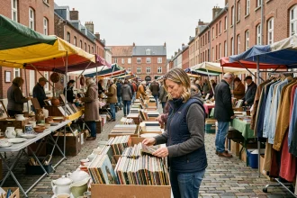 Femme parcourant des vinyles sur un stand de braderie dans une rue pavée du Nord de la France