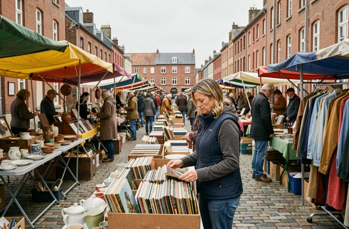Femme parcourant des vinyles sur un stand de braderie dans une rue pavée du Nord de la France