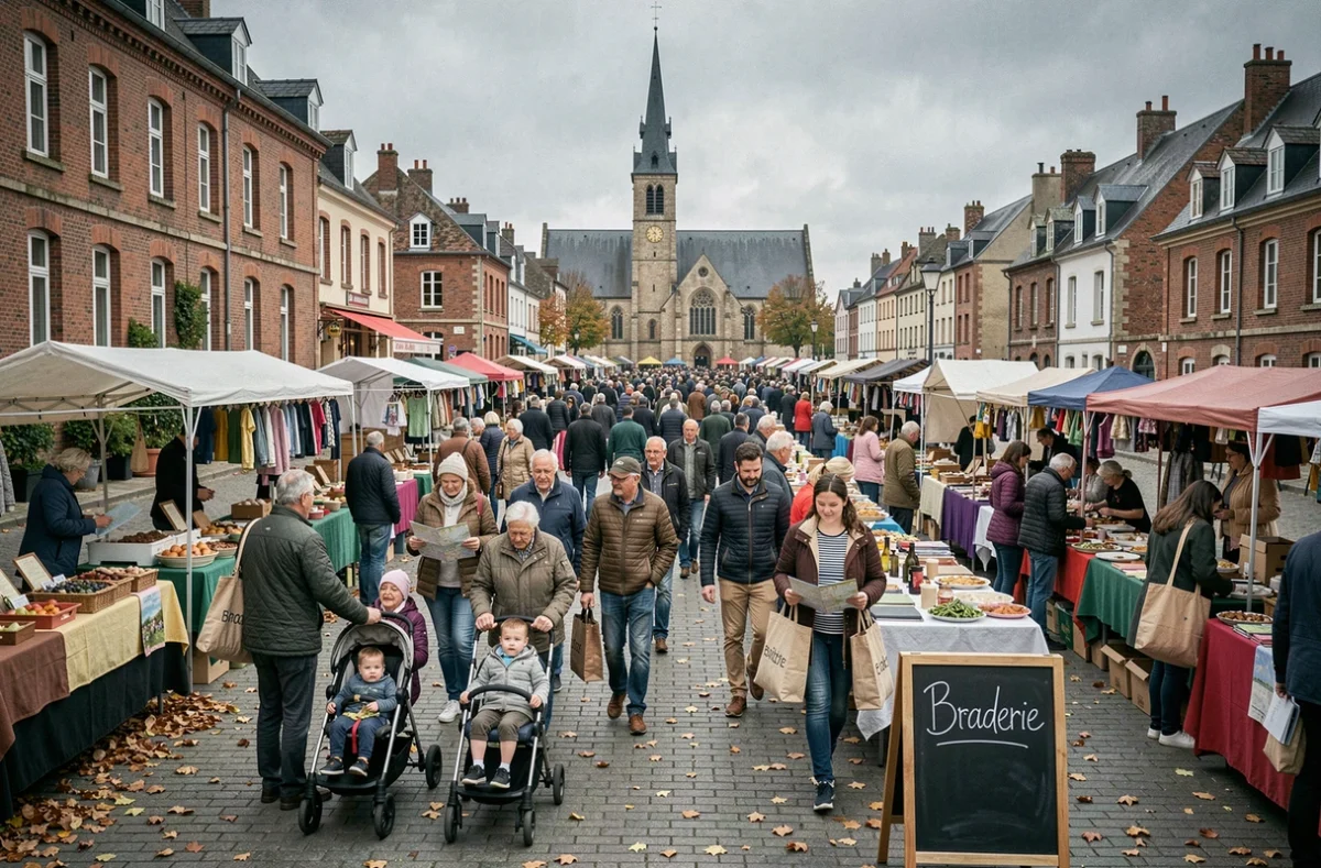 Vue d'ensemble d'une grande braderie en place publique dans une ville du Nord