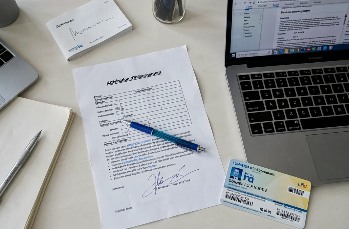 Bureau avec attestation d'hébergement PDF imprimée, pièce d'identité et facture pour dossier locatif