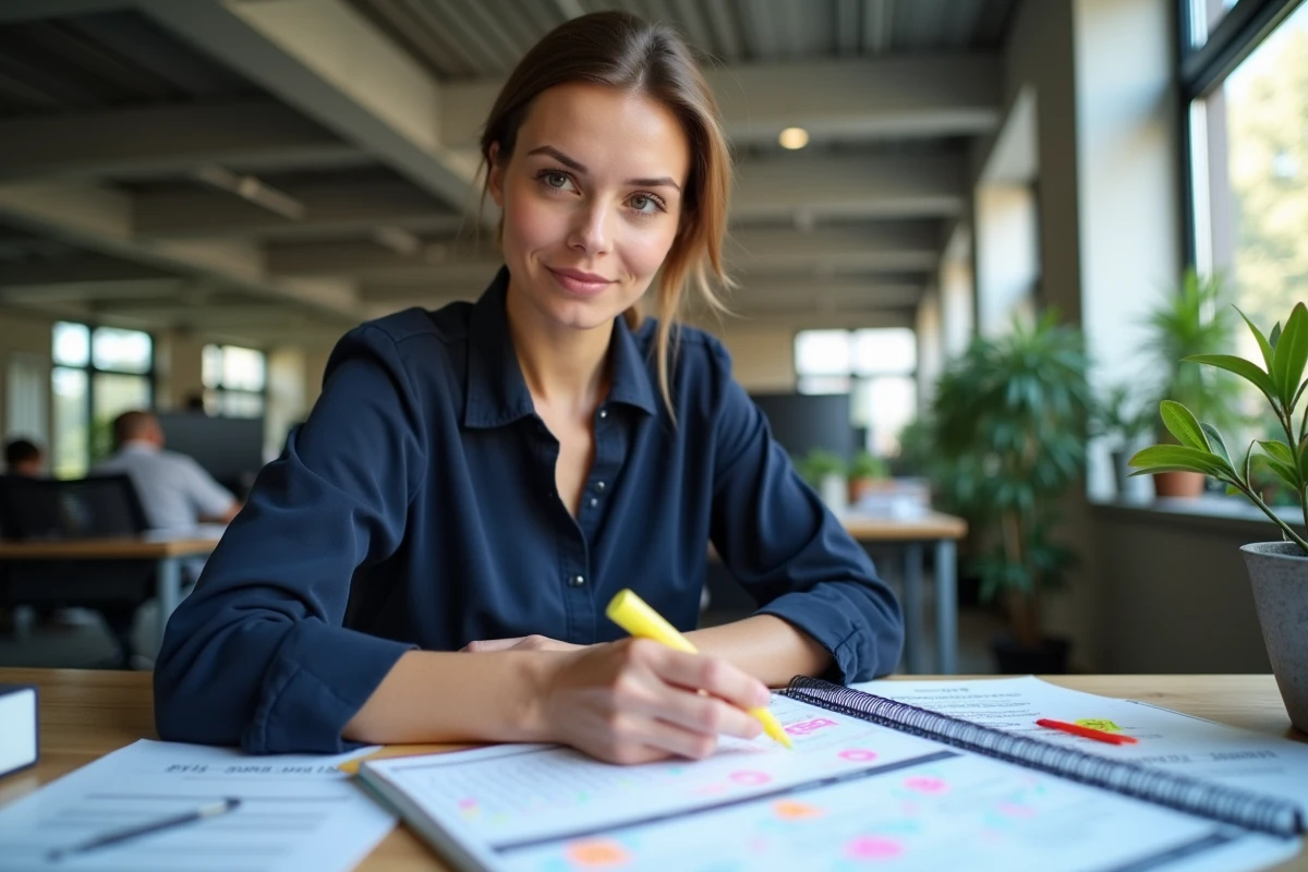 Femme au bureau planifiant les ponts et jours fériés 2026 avec un agenda annuel surligné par zones scolaires