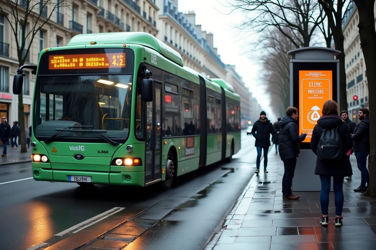 Bus de la ligne 92 s'arrêtant à un arrêt parisien avec panneau d'information en temps réel sur le boulevard