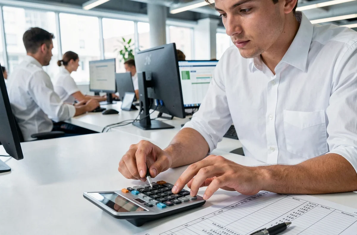 Jeune professionnel utilisant une calculatrice pour convertir des centièmes d'heure sur une feuille de temps