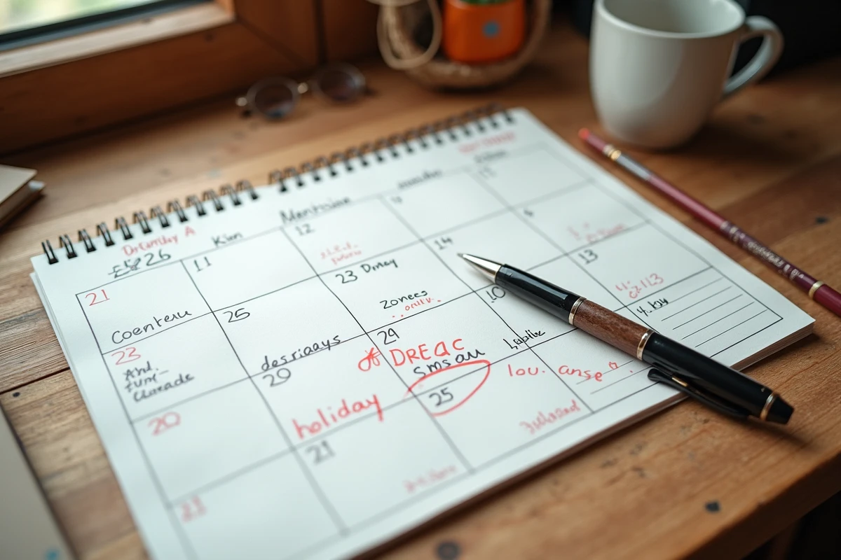 Vue aérienne d'un calendrier 2026 annoté avec les jours fériés et ponts des zones A, B et C posé sur un bureau en chêne