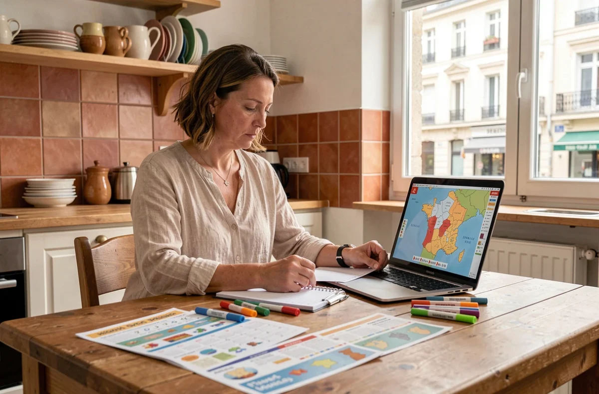 Mère de famille consultant le calendrier scolaire 2026 par académie et zone à la maison