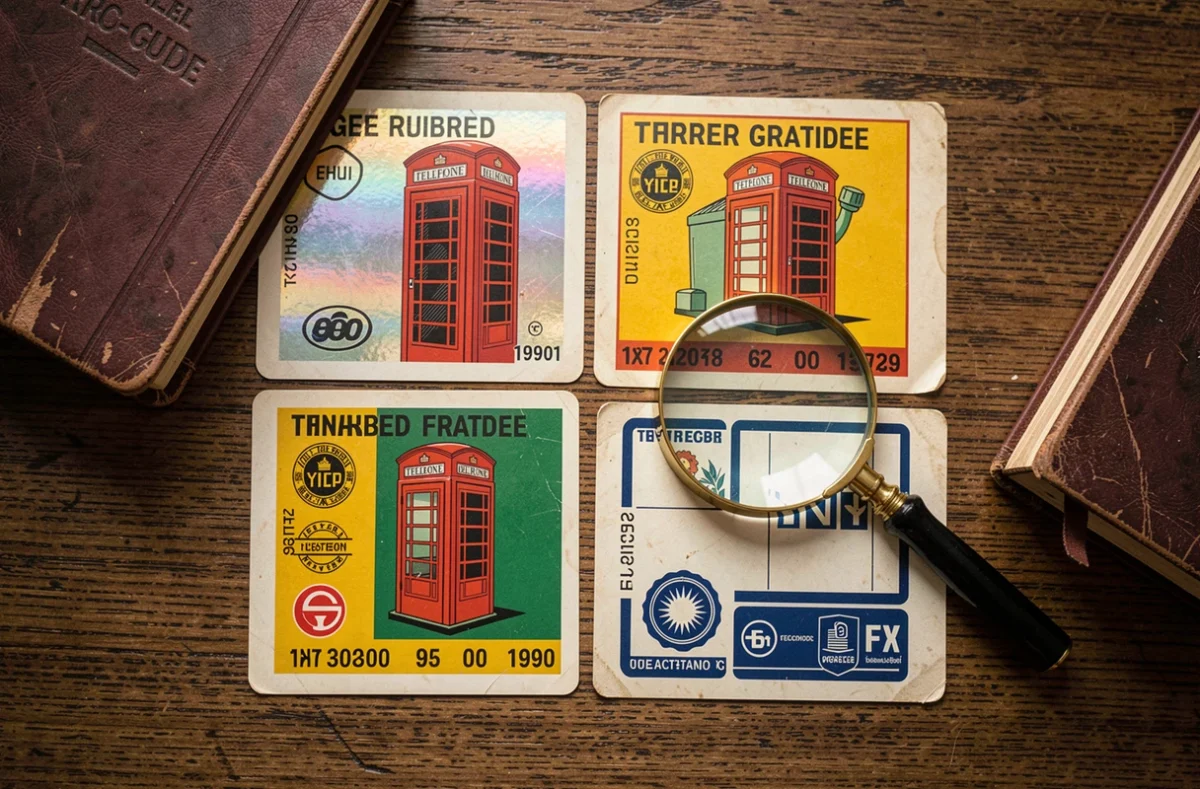 Vue en plongée de cartes téléphoniques vintage françaises avec loupe et guide de cotation sur bois