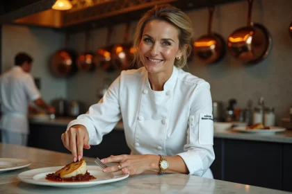 Chef fran&ccedil;aise pr&eacute;pare un coq au vin dans une cuisine parisienne