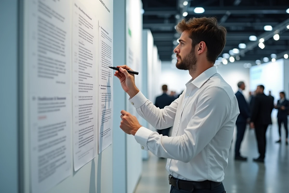 Chercheur en droit annotant des extraits de jurisprudence lors d'un congrès juridique international à Paris