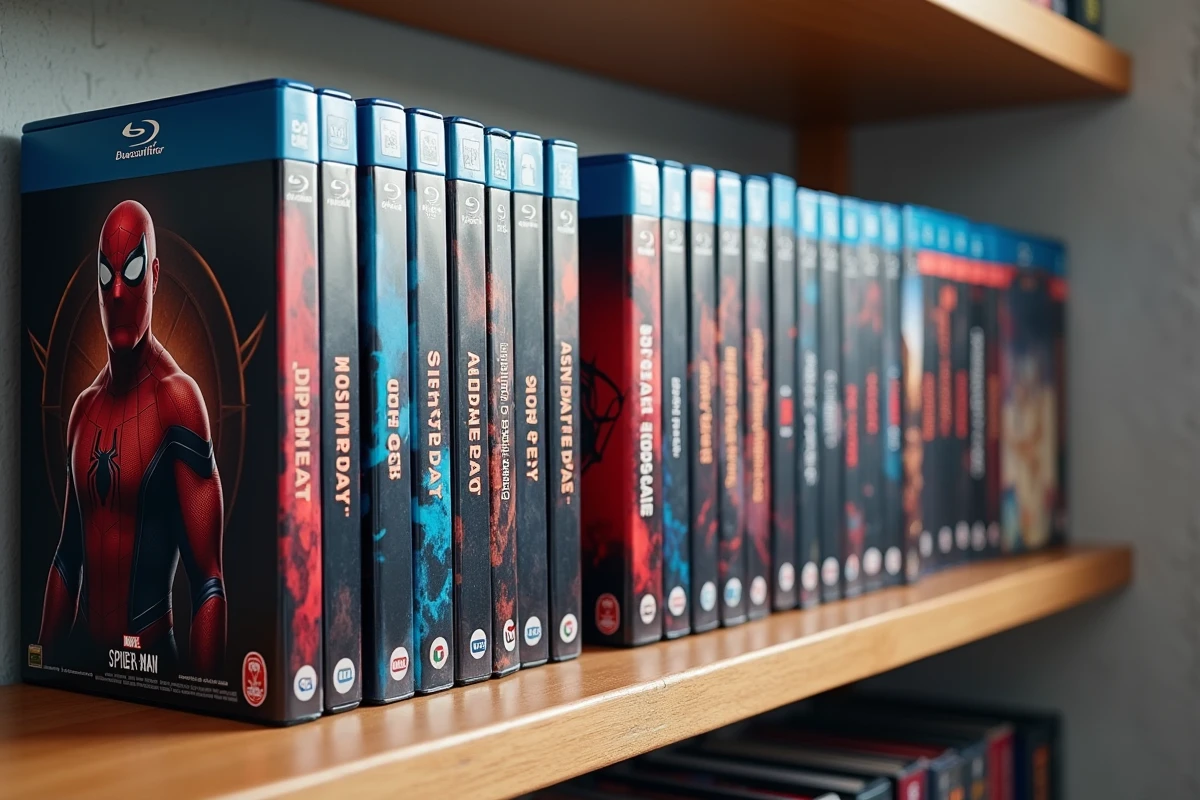 Collection de films Marvel Avengers et Spider-Man en Blu-ray classés en ordre chronologique sur une étagère en bois