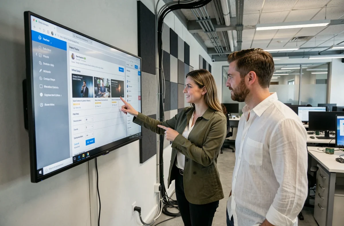 Deux collègues consultant un tableau de bord de filtrage d'actualités dans une salle de rédaction moderne