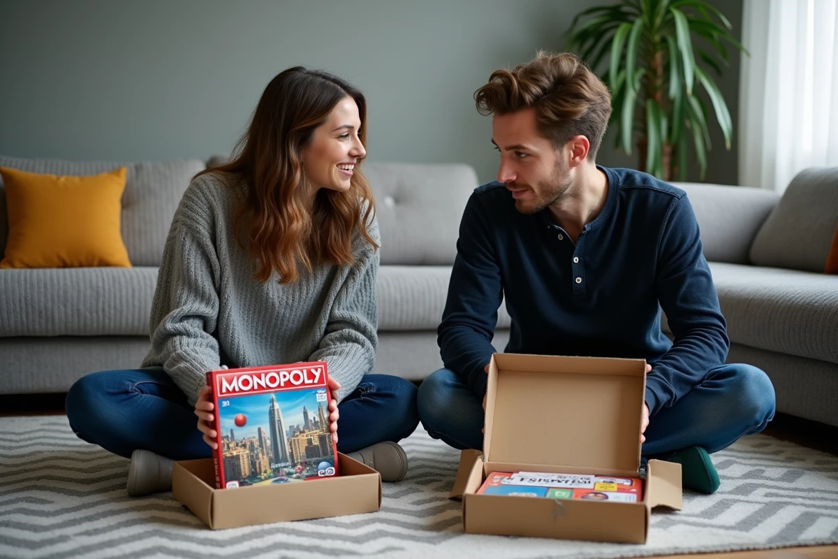 Deux adultes comparant les boîtes de Monopoly Ville et Monopoly City dans un salon cosy avec composants de jeu étalés sur le sol