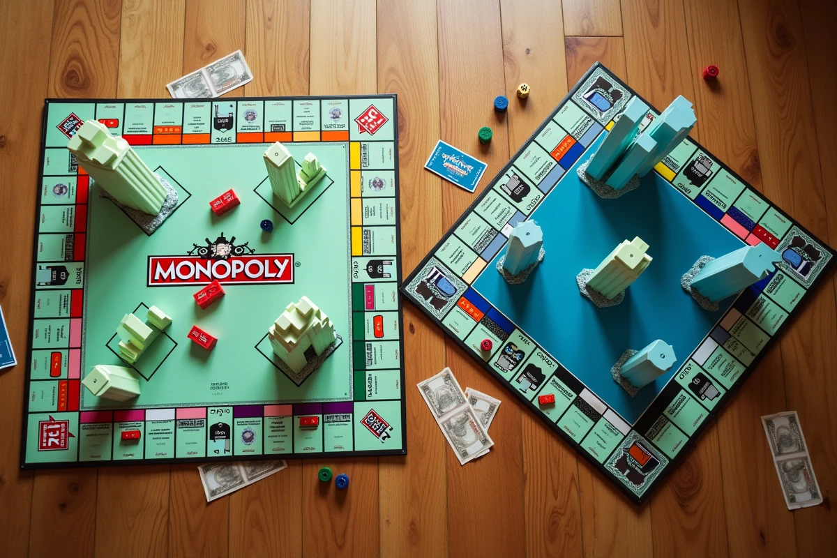 Vue aérienne comparative de deux plateaux de jeu Monopoly avec pièces, billets et bâtiments en plastique sur un plancher en bois