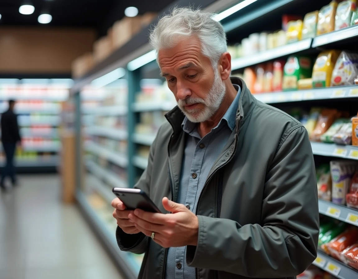 Homme comparant les prix des courses en ligne Carrefour avec ceux en magasin sur son téléphone