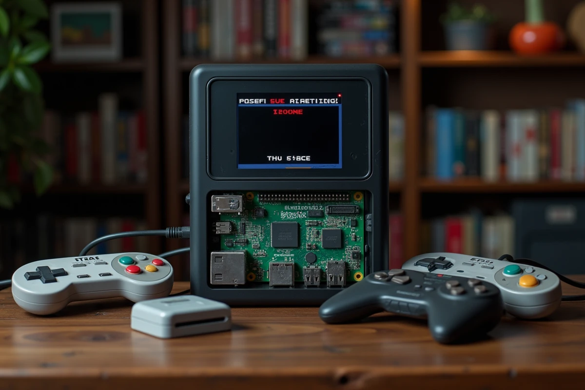 Console de retrogaming DIY sur Raspberry Pi entourée de cartouches et manettes vintage sur une table en chêne
