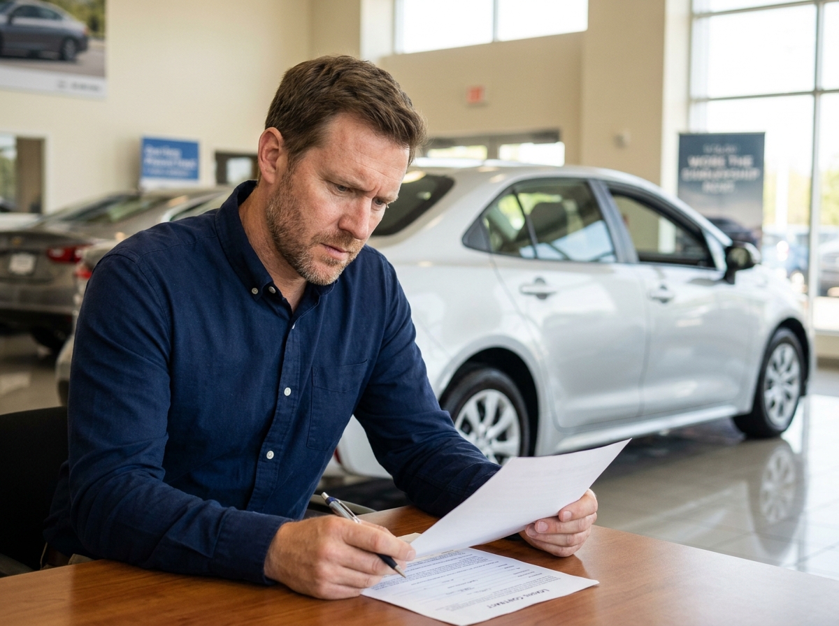 Homme signant un contrat de leasing pour une voiture à boîte automatique dans une concession automobile