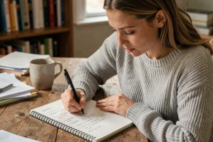 Femme écrivant des conversions de centièmes en heures dans un carnet sur un bureau en bois