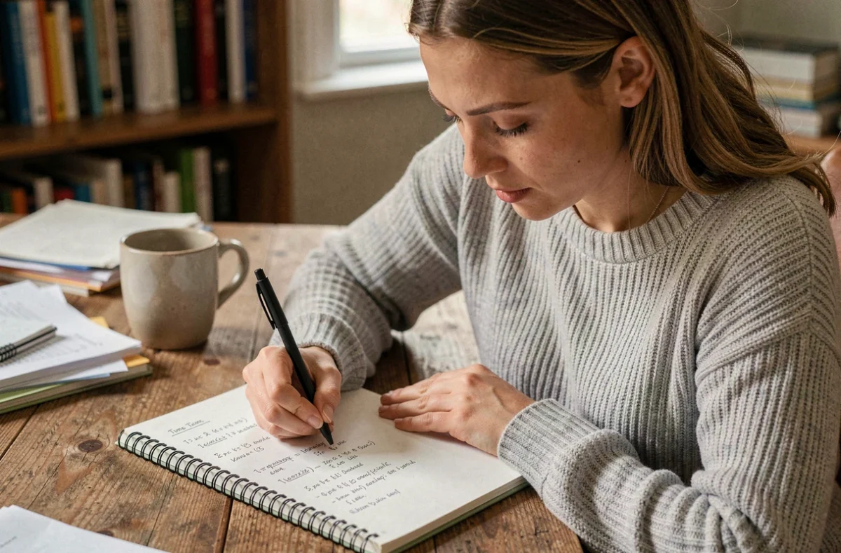 Femme écrivant des conversions de centièmes en heures dans un carnet sur un bureau en bois