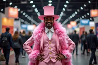 Cosplayer en costume de Mr 2 Bon Clay de One Piece avec costume rose et chapeau à large bord dans une convention