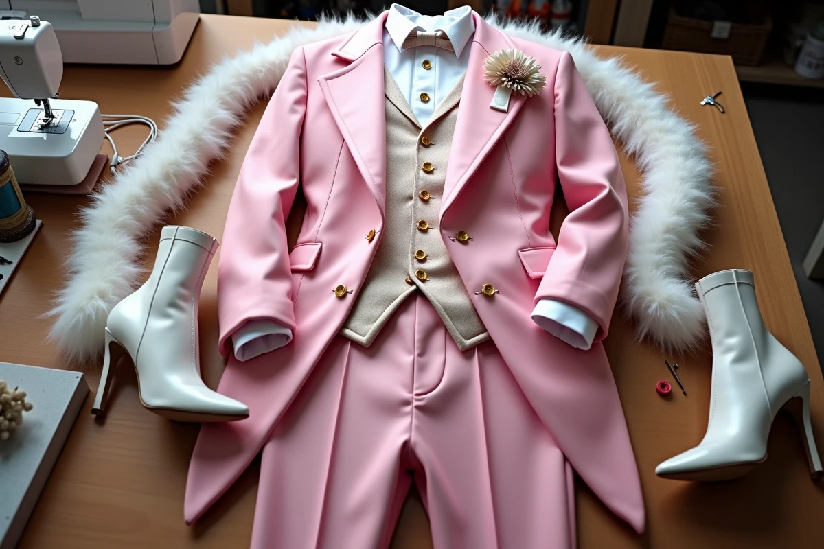 Costume complet de cosplay Mr 2 Bon Clay One Piece étalé sur une table d'atelier avec accessoires et outils de couture
