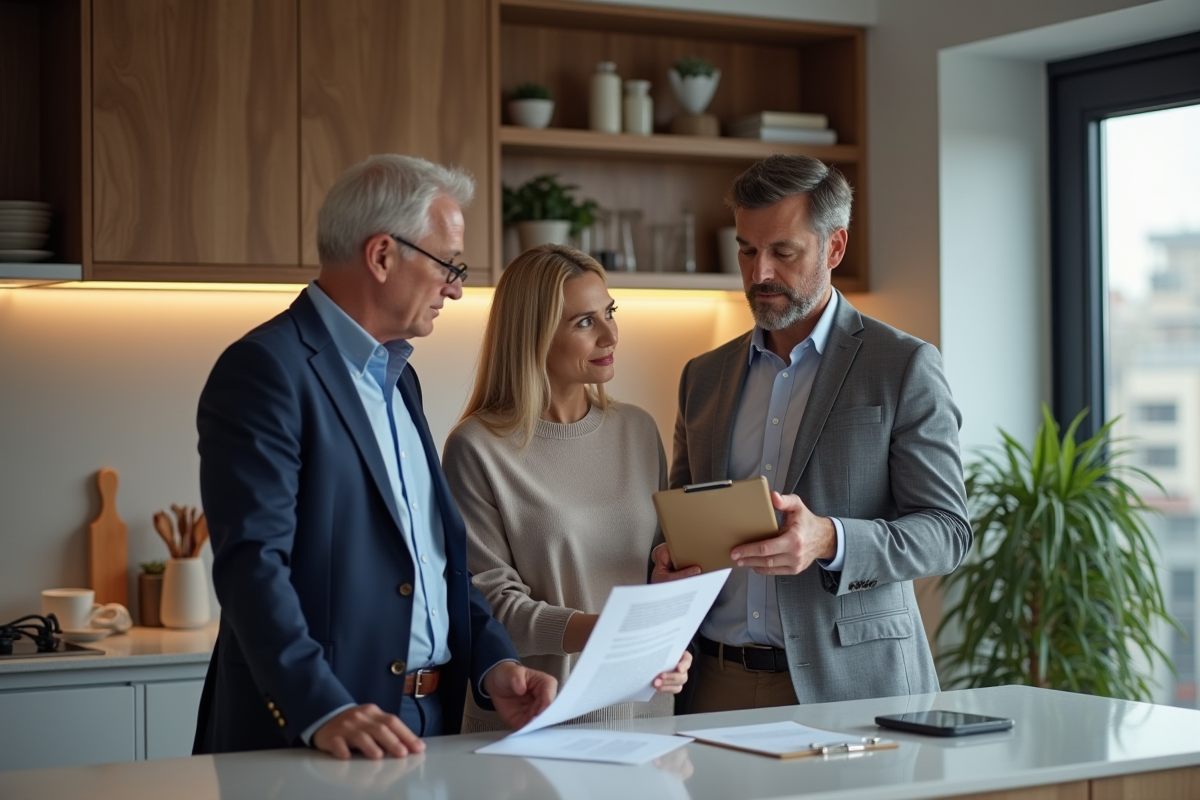 Couple d'adultes dans une cuisine moderne examinant un contrat