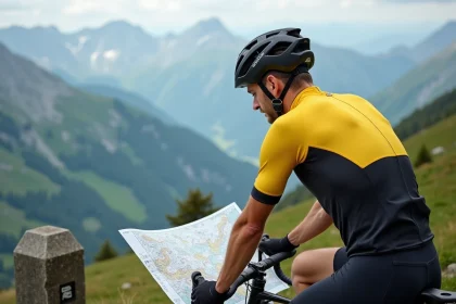 Cycliste de route consultant une carte topographique au sommet d'un col de montagne en France avec panorama alpin