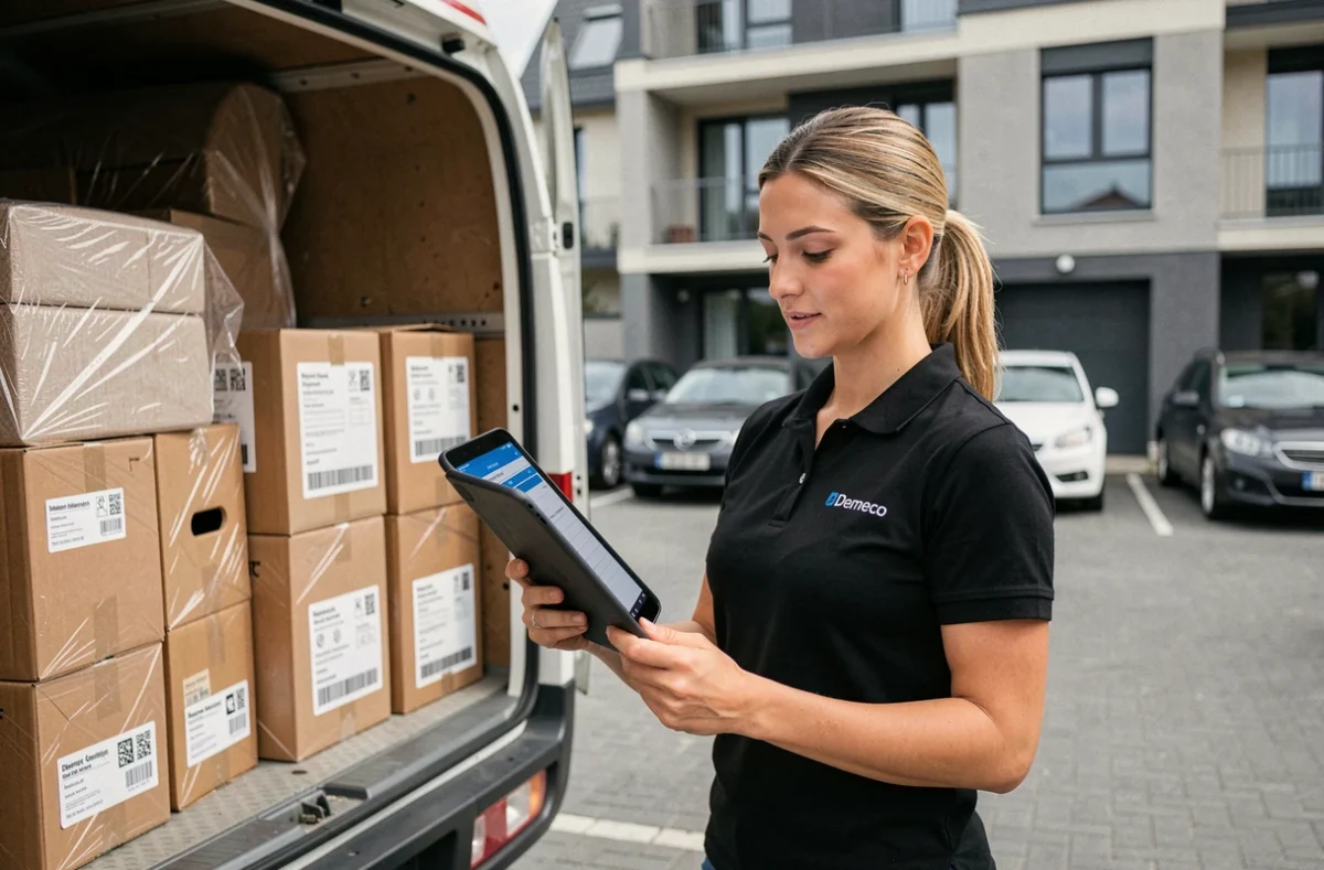 Coordinatrice Demeco vérifiant un inventaire sur tablette à côté d'un camion de déménagement chargé de meubles emballés