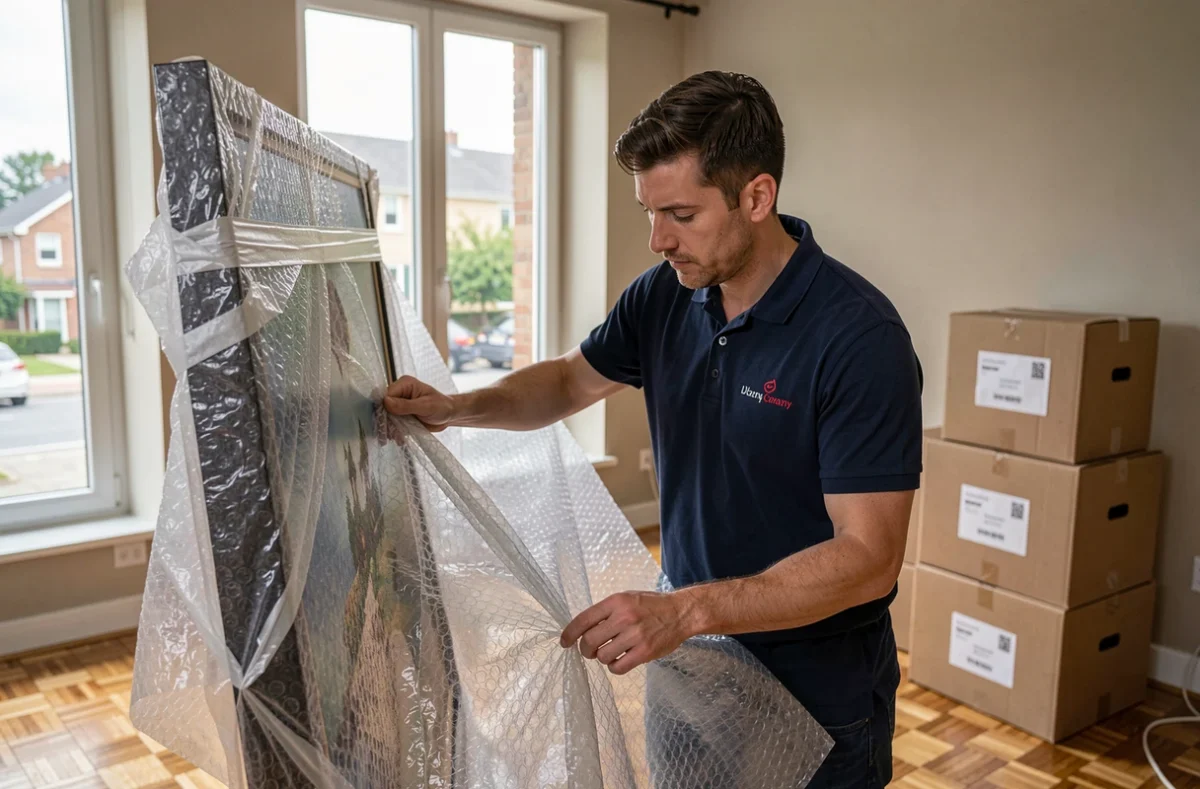 Déménageur du groupe DSM Berton emballant soigneusement un tableau dans un appartement parisien avant le déménagement