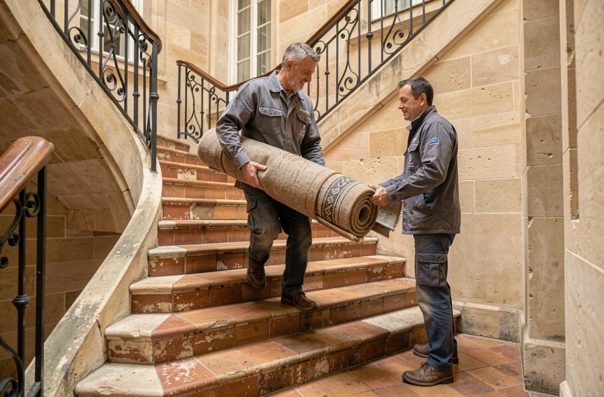 Déménageurs Jumelet portant un tapis roulé dans l'escalier en pierre d'un immeuble haussmannien lors d'un déménagement