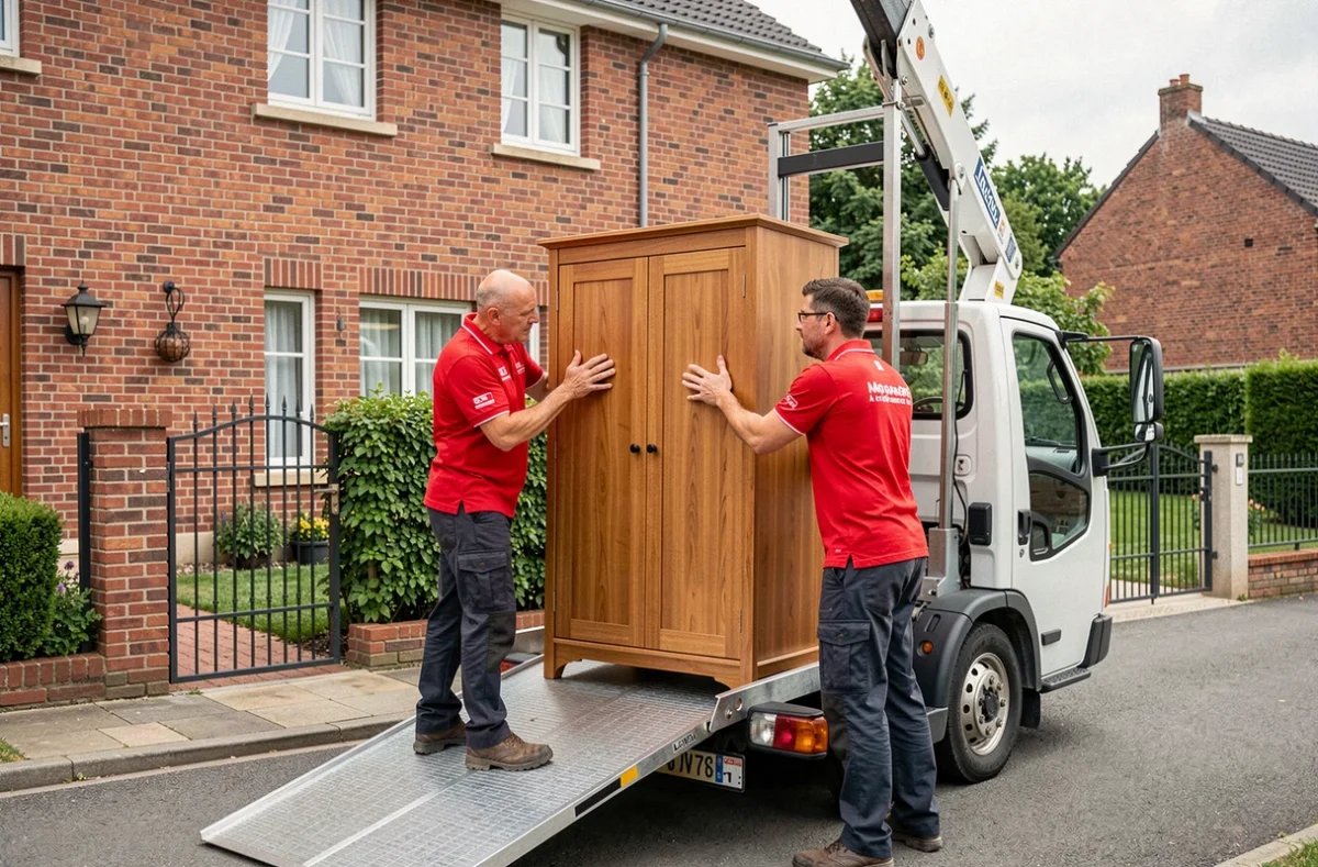 Deux déménageurs des Déménageurs Bretons chargeant une armoire sur un camion élévateur devant un immeuble résidentiel
