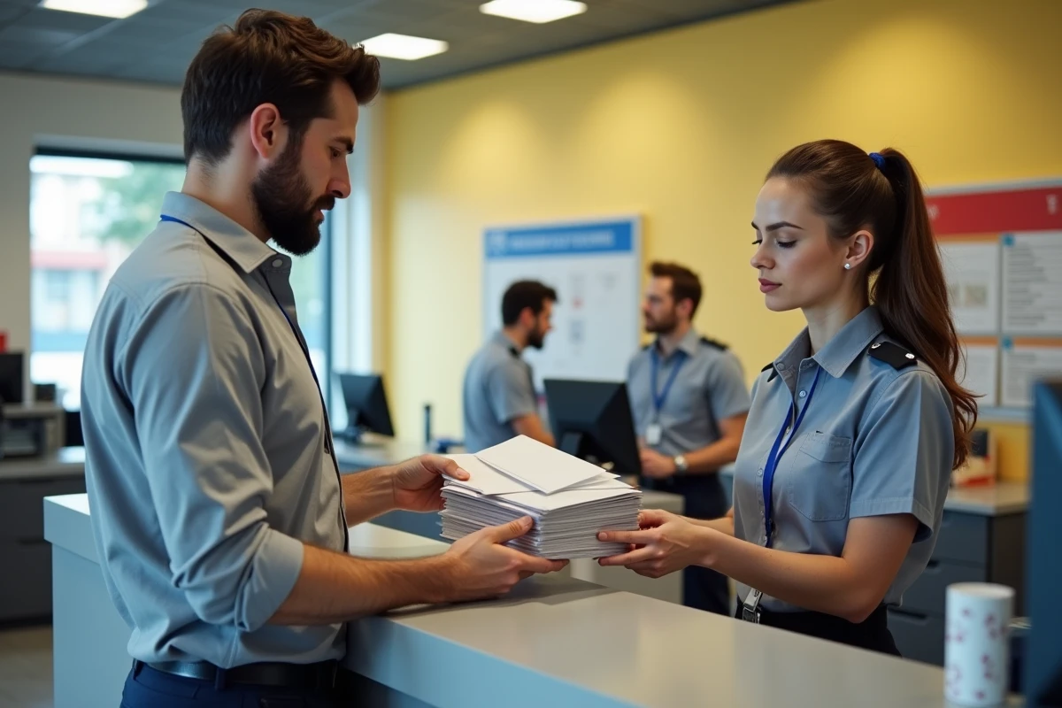 Homme déposant des enveloppes de différents formats au guichet de La Poste pour affranchissement